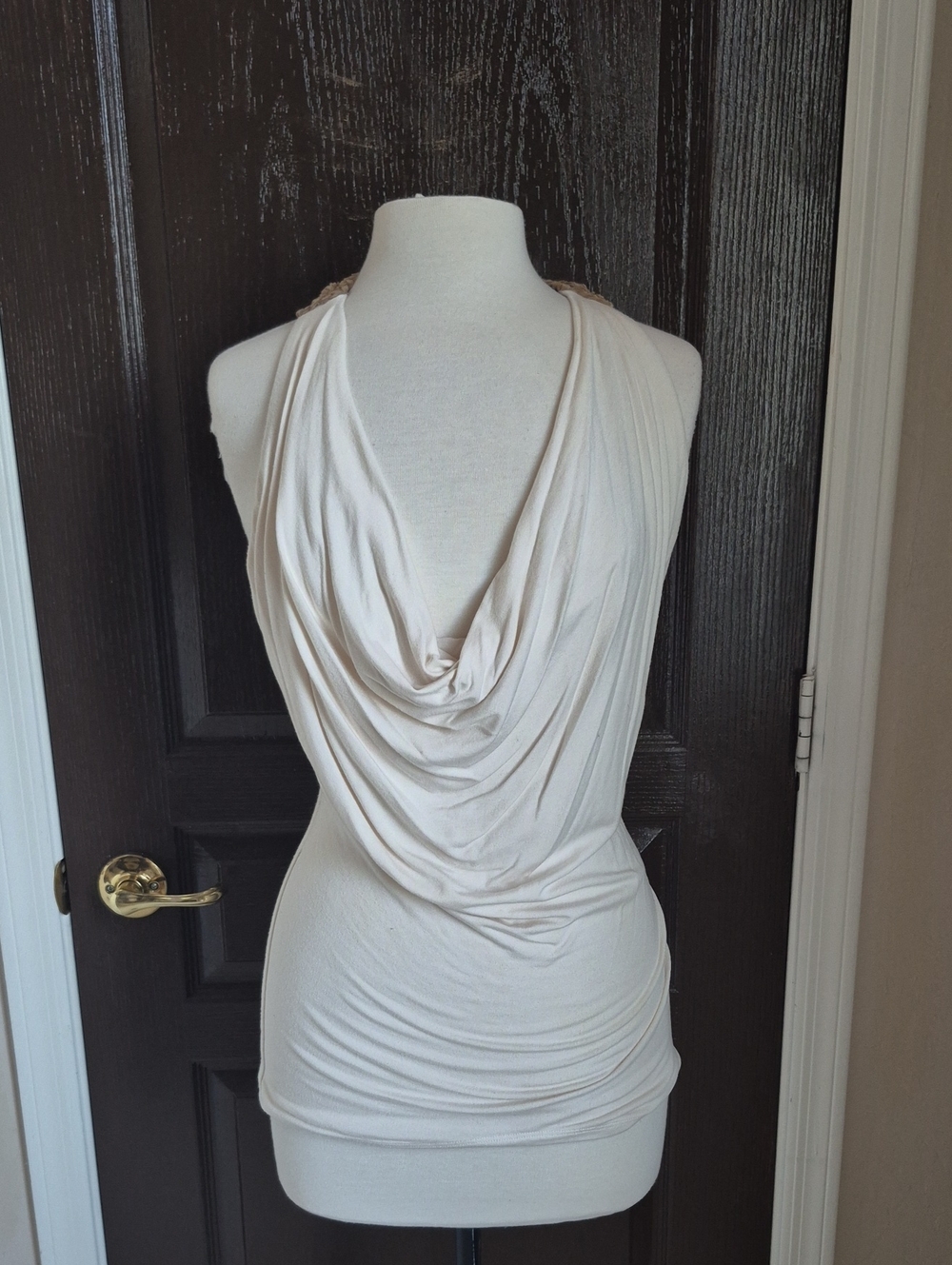 Sky Cream Draped Leather Accent Top